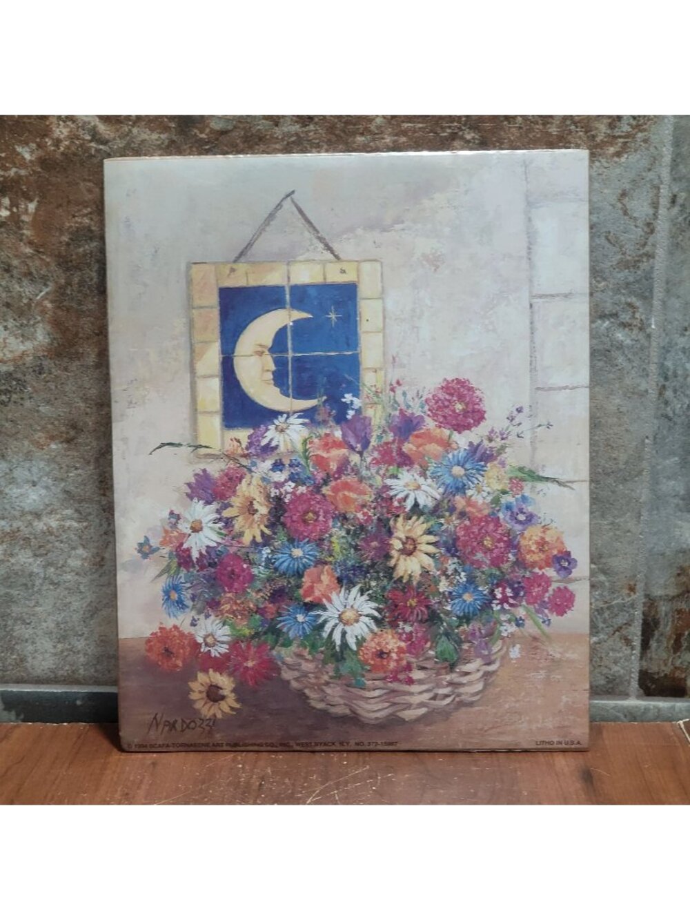 Vintage Unframed Floral Still Life Crescent Moon Art Print 1994 Nardozzi